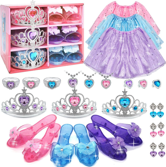 Princess Dress Up Girls Clothes - Toddlers Costume with Skirts, Shoes, Crown & Play Jewelry, Princess Toys for Girls Age 3,4,5,6 Year Old, Kids Shoes Role Play Gift Idea for Birthday Christmas
