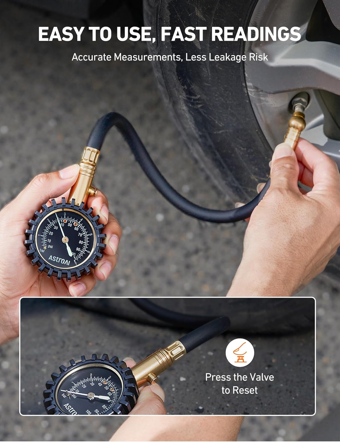 AstroAI Tire Pressure Gauge, 100 PSI Heavy Duty, Certified ANSI B40.1 Accurate with Large 2" Easy to Read Glow Dial, Durable Rubber Hose and Solid Brass Construction for Car Truck Motorcycle Tire