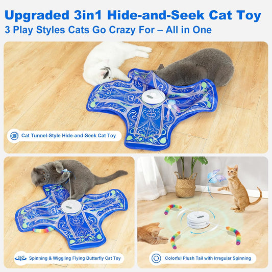 Interactive Cat Toys for Indoor Cats, Rechargeable Touch Activated Hide and Seek Kitten Toy with Fluttering (Blue Cover Cloth Toy)