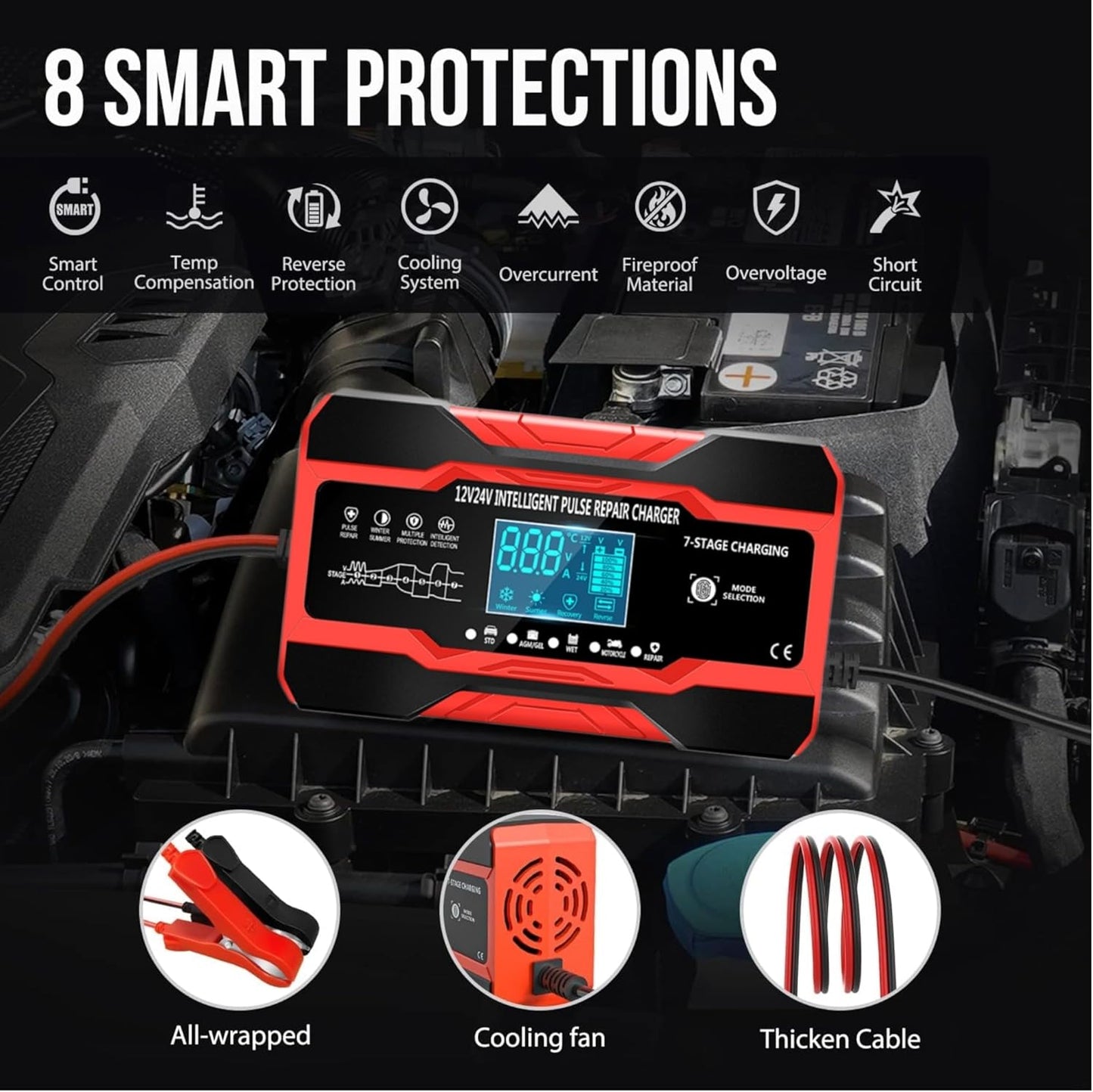 Car Battery Charger 10-Amp, 12V and 24V Smart Car Battery Charger AU Plug,Trickle Charger for Car - Smart Fully-Automatic Battery Maintainer with Temperature Compensation and LCD Display