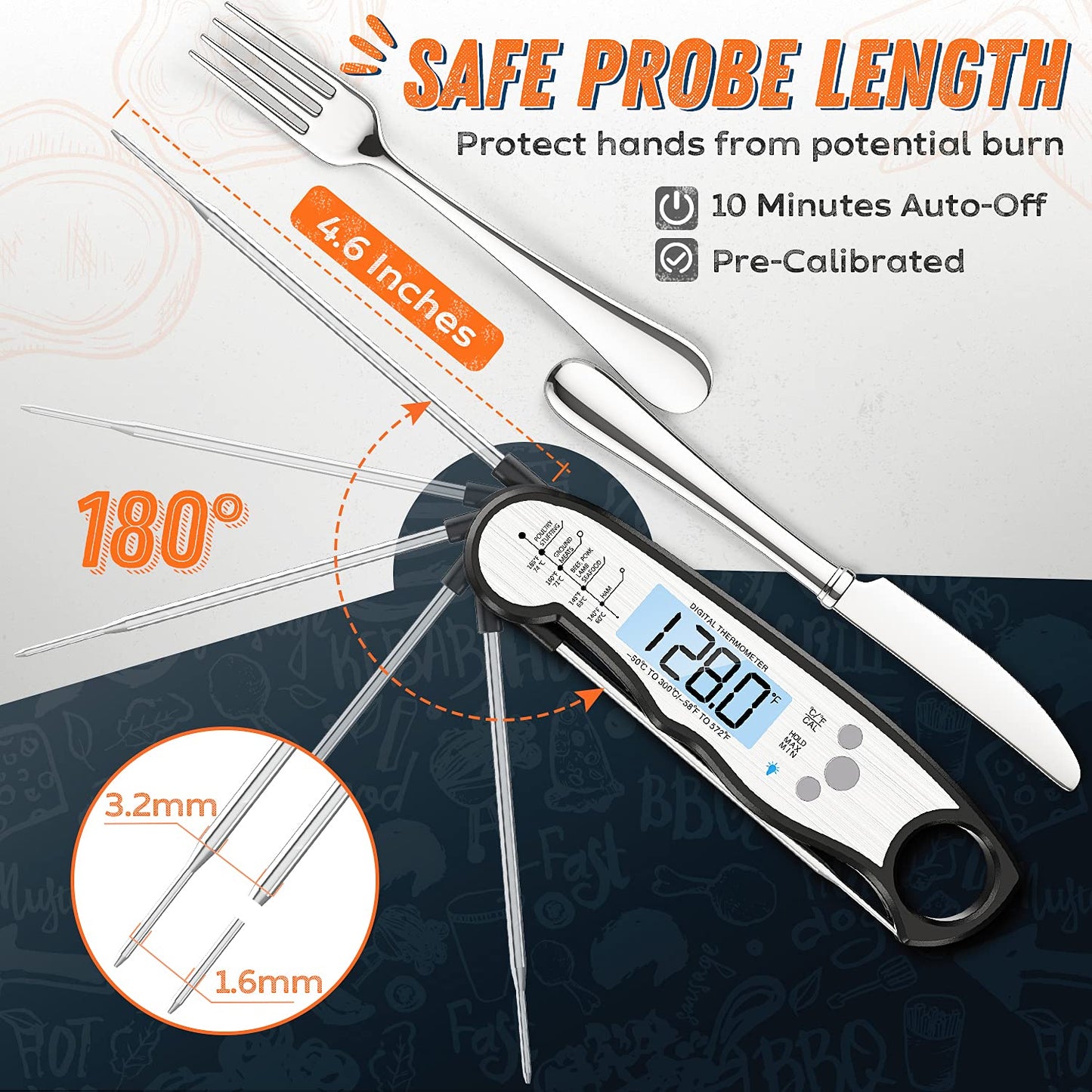 Instant Read Meat Thermometer for Cooking, Fast & Precise Digital Food Thermometer with Backlight, Magnet, Calibration, and Foldable Probe for Deep Fry, BBQ, Grill, and Roast Turkey