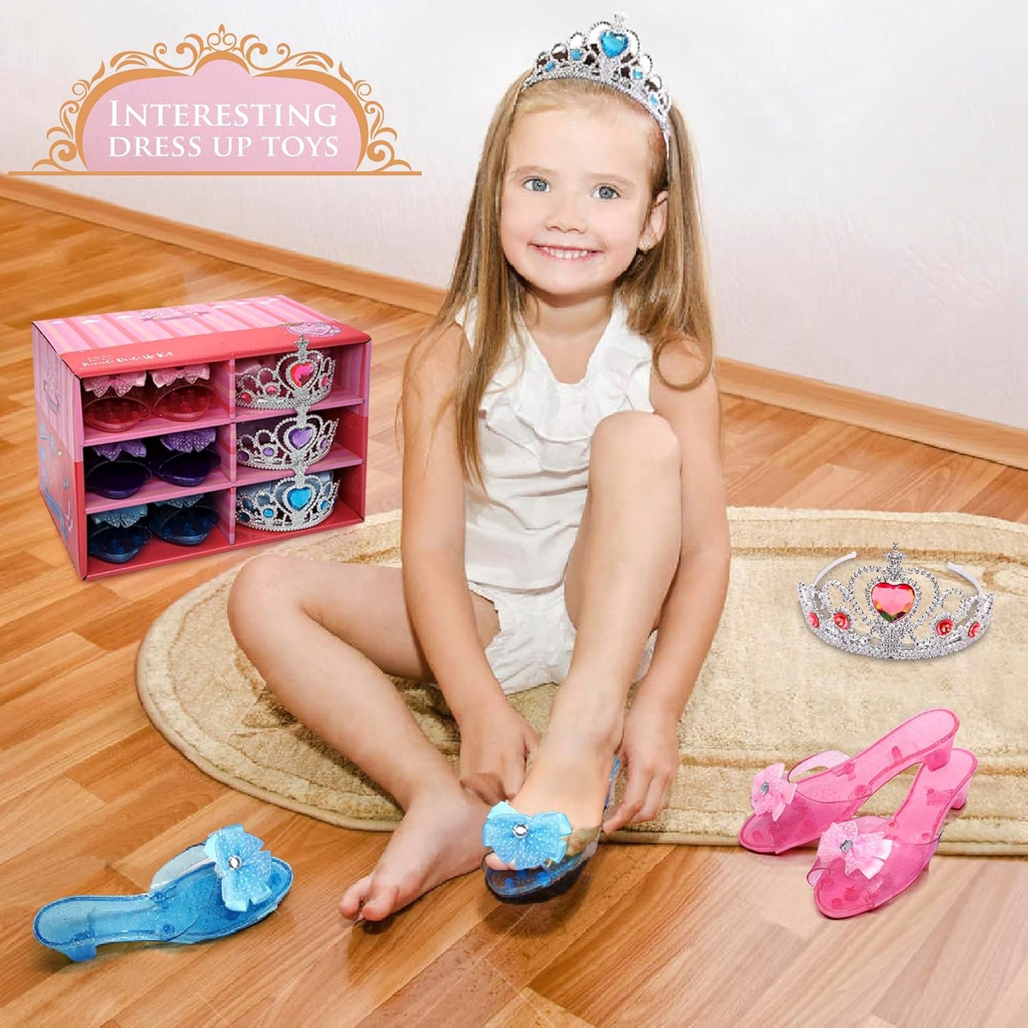 Princess Dress Up Girls Clothes - Toddlers Costume with Skirts, Shoes, Crown & Play Jewelry, Princess Toys for Girls Age 3,4,5,6 Year Old, Kids Shoes Role Play Gift Idea for Birthday Christmas