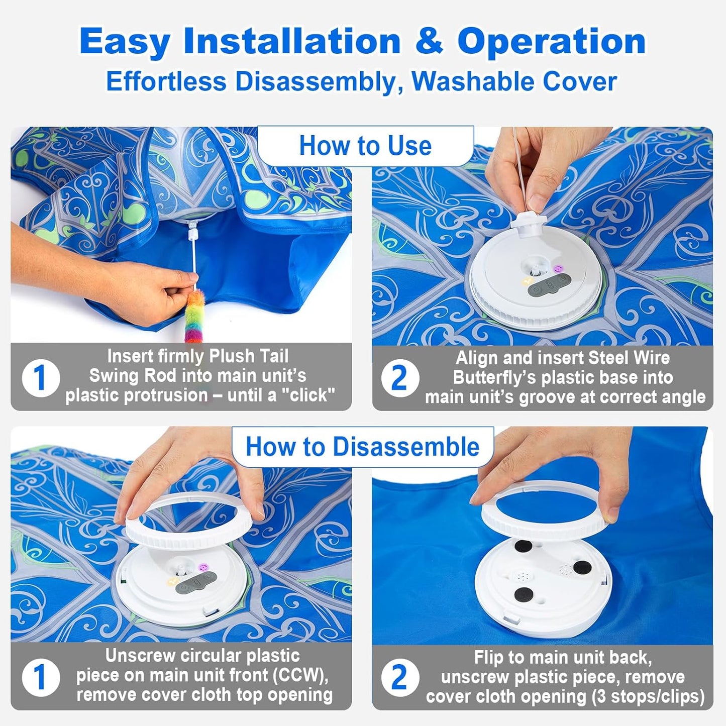 Interactive Cat Toys for Indoor Cats, Rechargeable Touch Activated Hide and Seek Kitten Toy with Fluttering (Blue Cover Cloth Toy)
