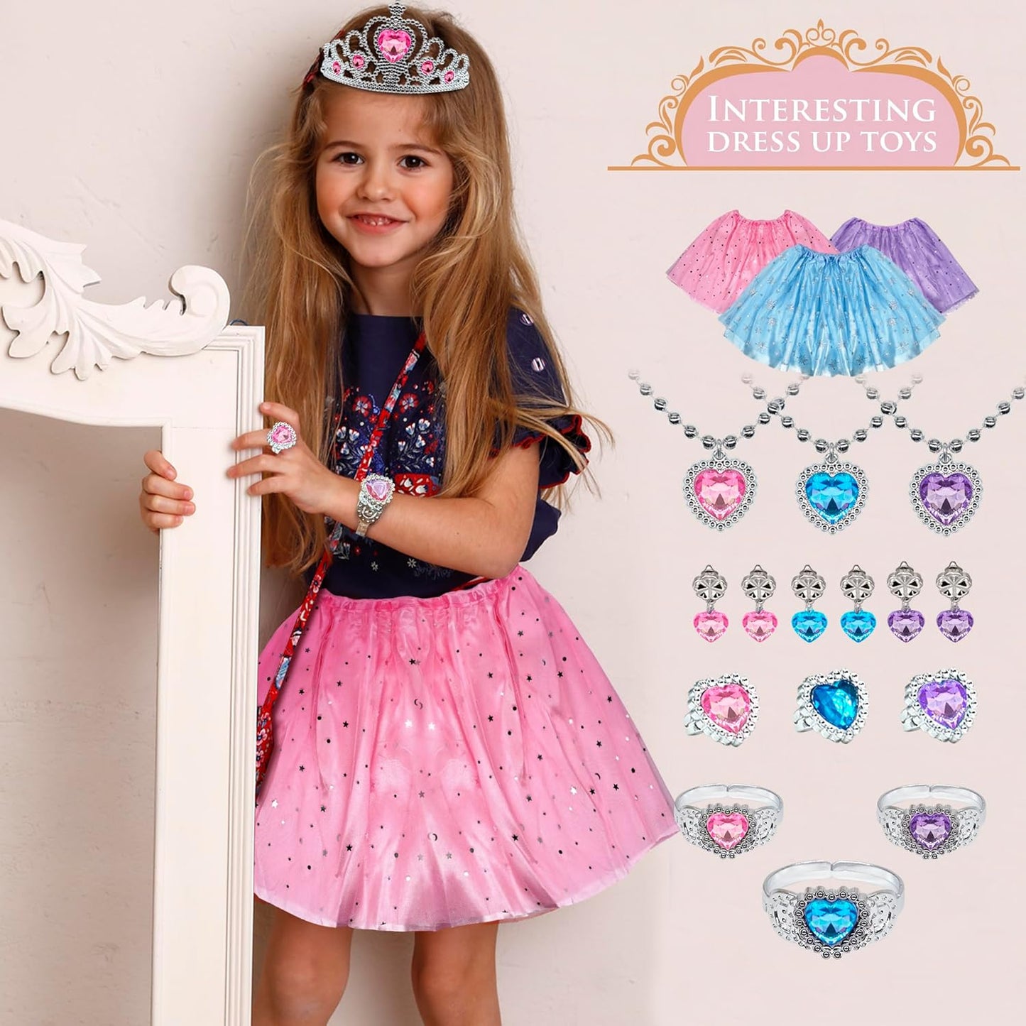 Princess Dress Up Girls Clothes - Toddlers Costume with Skirts, Shoes, Crown & Play Jewelry, Princess Toys for Girls Age 3,4,5,6 Year Old, Kids Shoes Role Play Gift Idea for Birthday Christmas