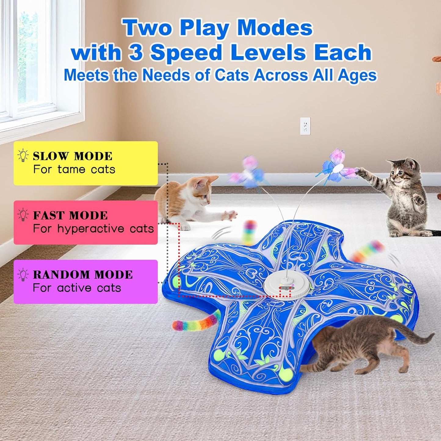 Interactive Cat Toys for Indoor Cats, Rechargeable Touch Activated Hide and Seek Kitten Toy with Fluttering (Blue Cover Cloth Toy)