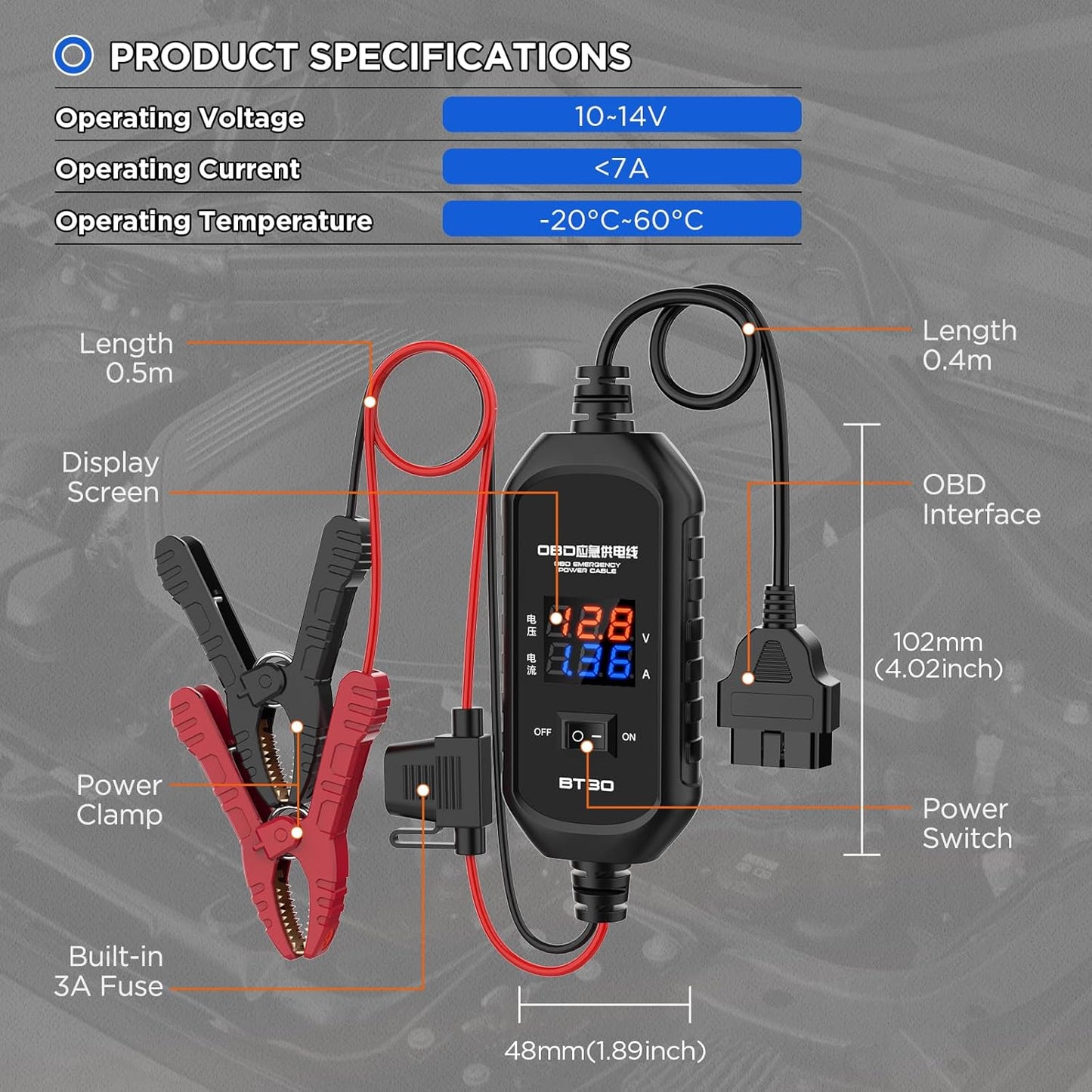 OBD2 Vehicle ECU Emergency Power Supply Cable, OBD-II Car Memory Saving Cable, OBD Emergency Power Cable with Overcurrent Protection, Overvoltage Protection, Reverse Polarity Protection