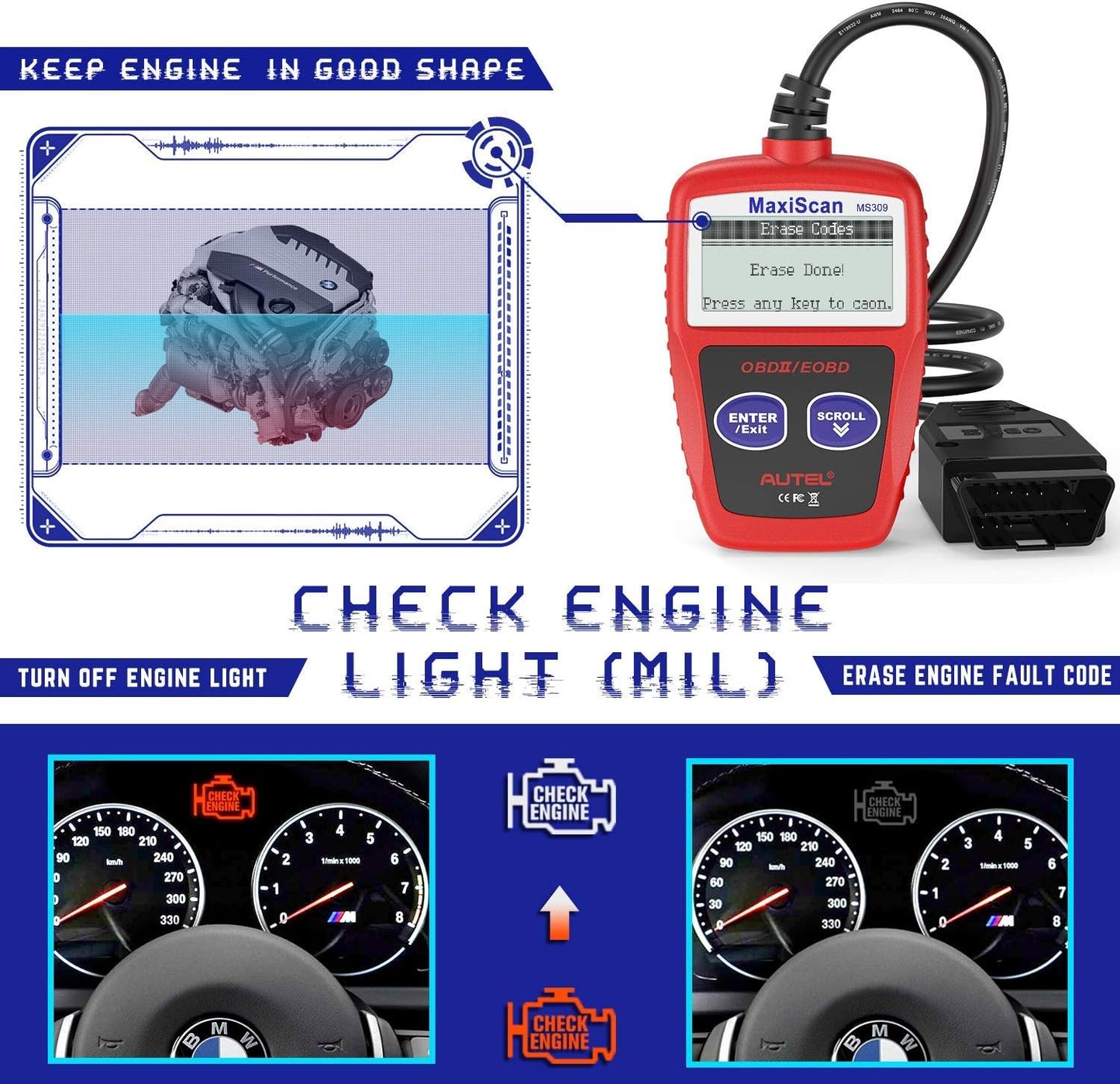 Autel MS309 OBD2 Scanner Check Engine Fault Code Reader, Read Codes Clear Codes, View Freeze Frame Data, I/M Readiness Smog Check CAN Diagnostic Scan Tool