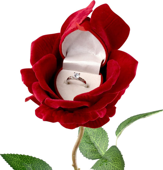 Noble Rose Ring Box - Flower Heart Engagement Ring Box for Proposal Ring, Ceremony, Wedding or Special Occasions (Red)