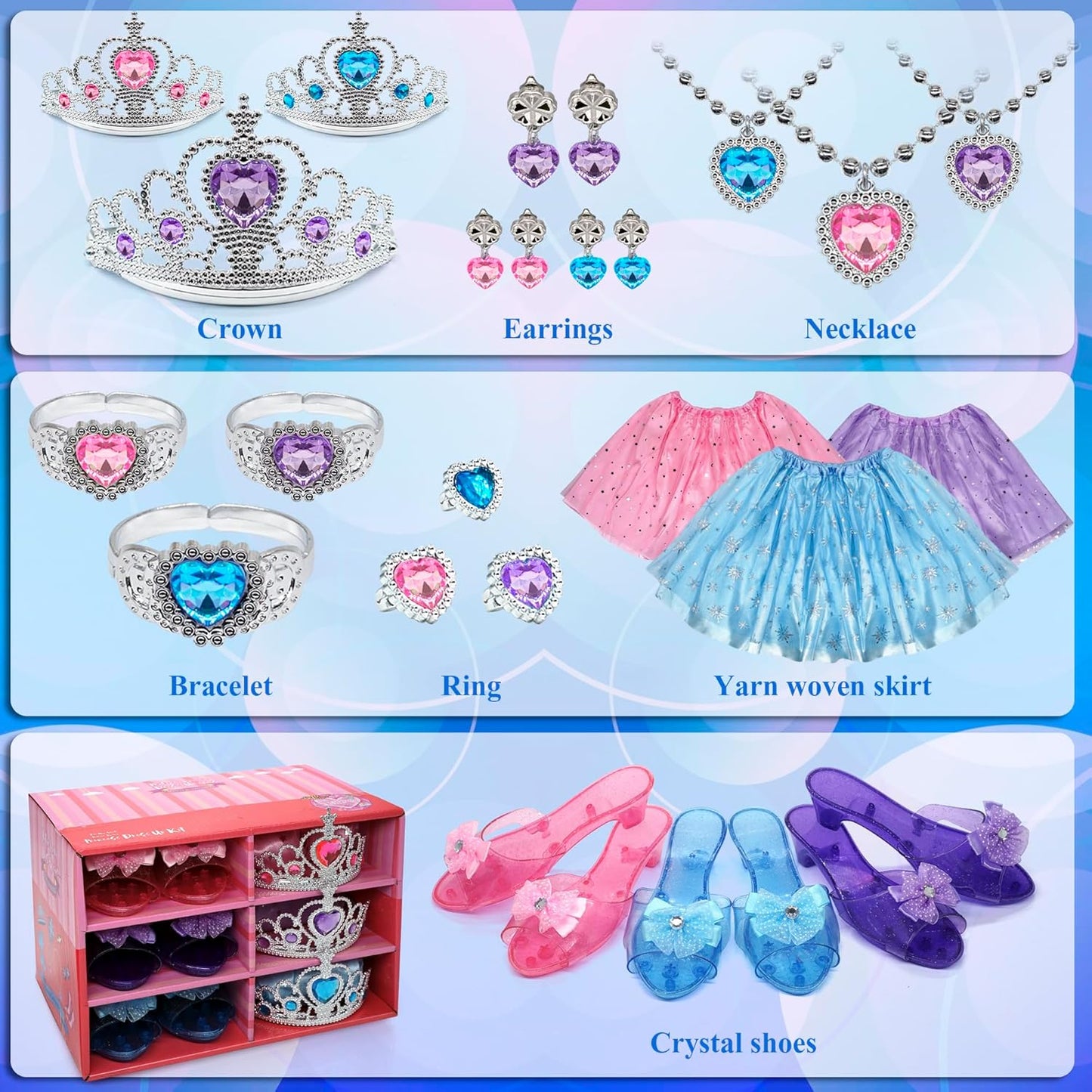 Princess Dress Up Girls Clothes - Toddlers Costume with Skirts, Shoes, Crown & Play Jewelry, Princess Toys for Girls Age 3,4,5,6 Year Old, Kids Shoes Role Play Gift Idea for Birthday Christmas