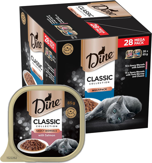 DINE Mixed Multipack Wet Cat Food, Salmon, Saucy Morsels with Tuna Tray 85g, 28 Pack
