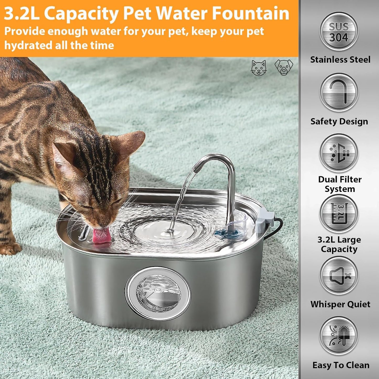Cat Water Fountain 3.2L/108oz with Quiet Pump, Automatic Stainless Steel Pet Water Fountain for Cats Dogs(Transparent Window)