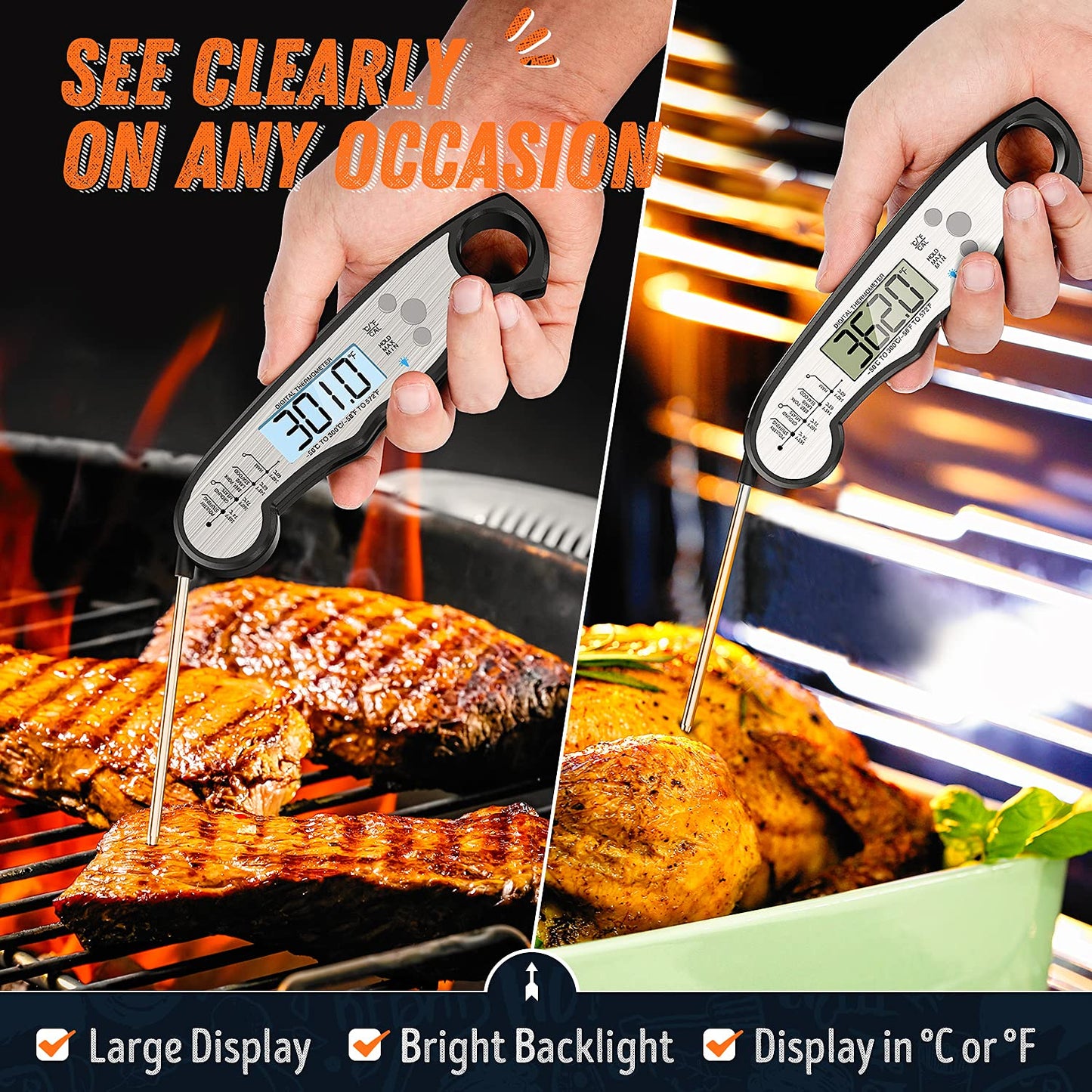 Instant Read Meat Thermometer for Cooking, Fast & Precise Digital Food Thermometer with Backlight, Magnet, Calibration, and Foldable Probe for Deep Fry, BBQ, Grill, and Roast Turkey
