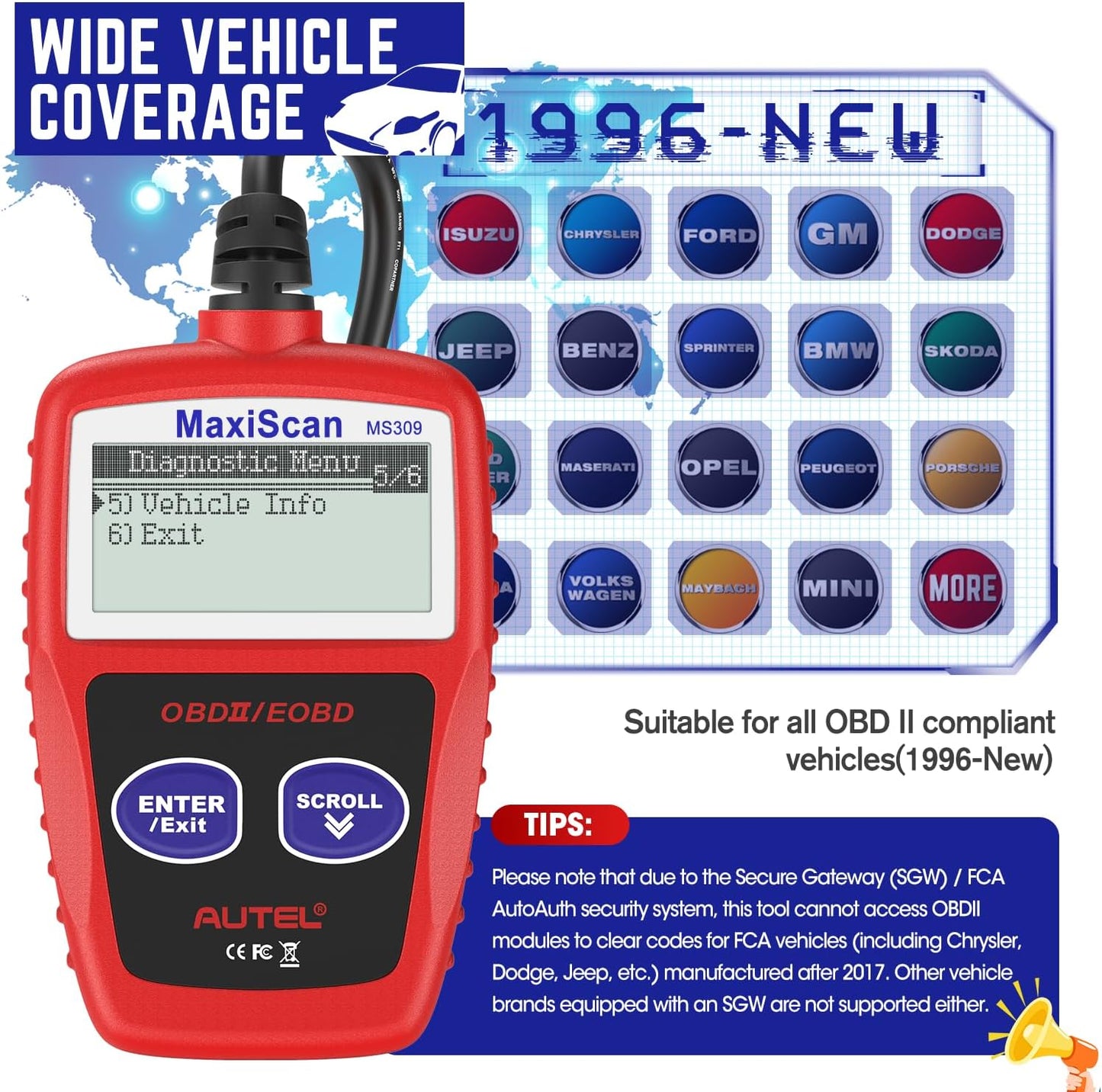 Autel MS309 OBD2 Scanner Check Engine Fault Code Reader, Read Codes Clear Codes, View Freeze Frame Data, I/M Readiness Smog Check CAN Diagnostic Scan Tool