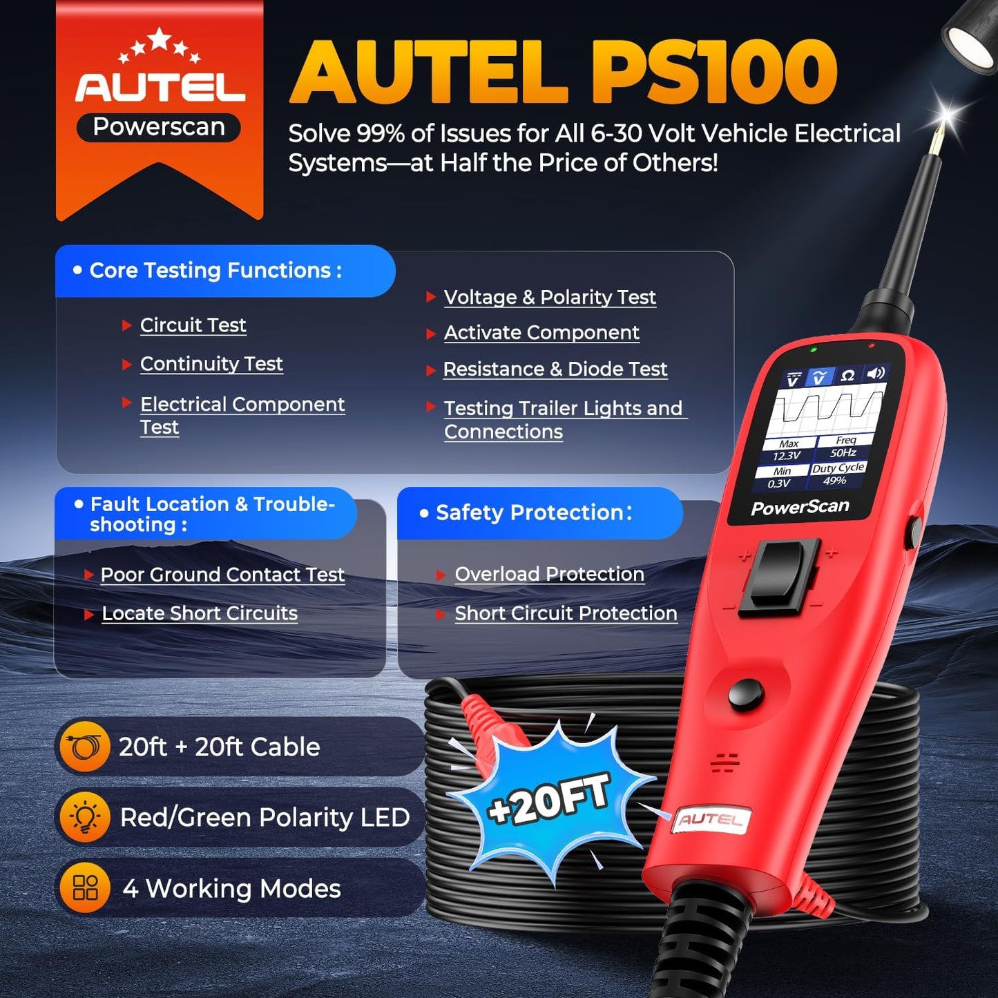 Autel PowerScan PS100 Automotive Circuit Tester, Power Circuit Probe Tool, 12-24V Electrical Short Open Breaker Circuit Finder, Digital Multimeter/Relay & Diode Resistance Tool Kit w/ 20FT Long Cord