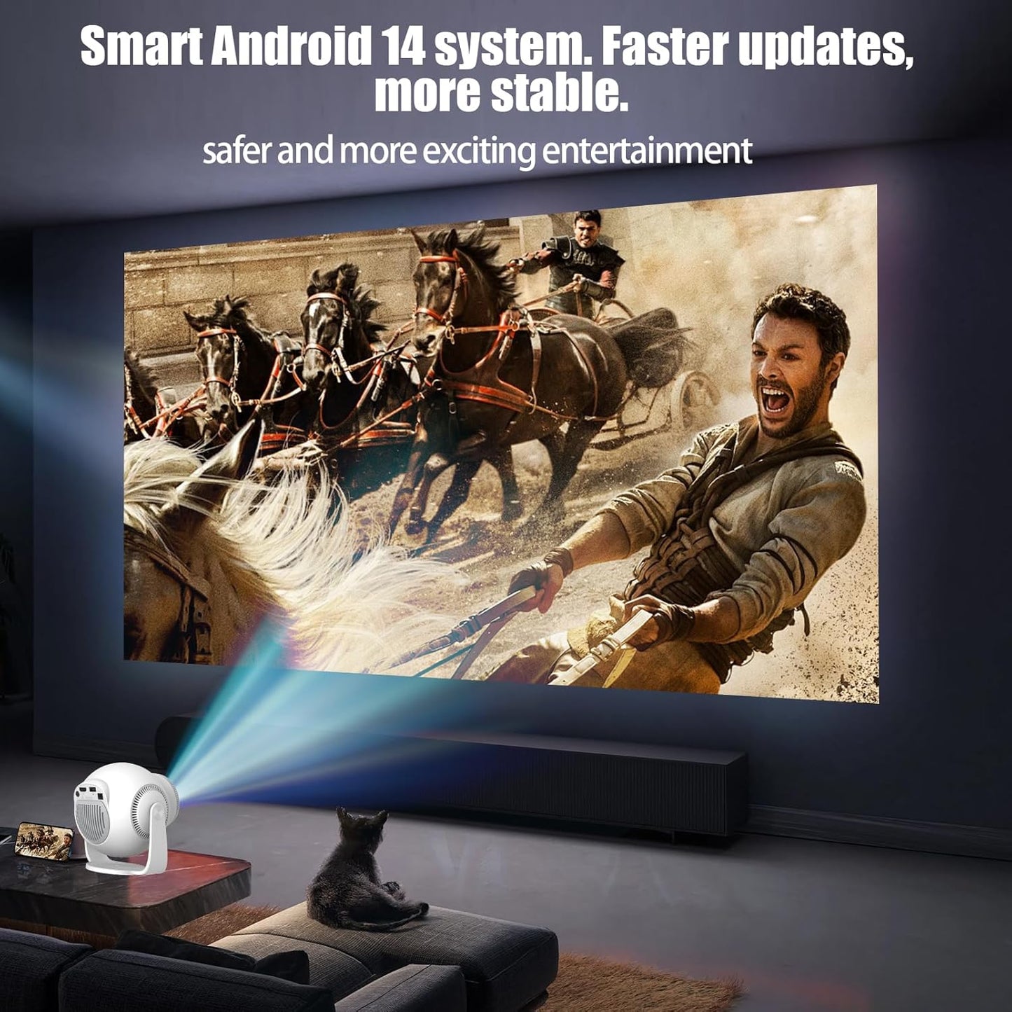 Mini Projector with 4K & 8K 1080 FHD, Portable Projector with Android 14, 5G WiFi 6 and Bluetooth 5.4, 270° Rotation, Smart Projector with HDMI/USB/DC, Automatic Horizontal Keystone Correction