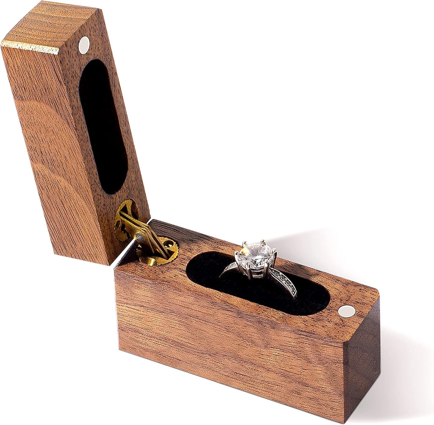 Wooden Engagement Ring Box Small Slim Flat Ring Case for Proposal,Wedding (Walnut Wood)
