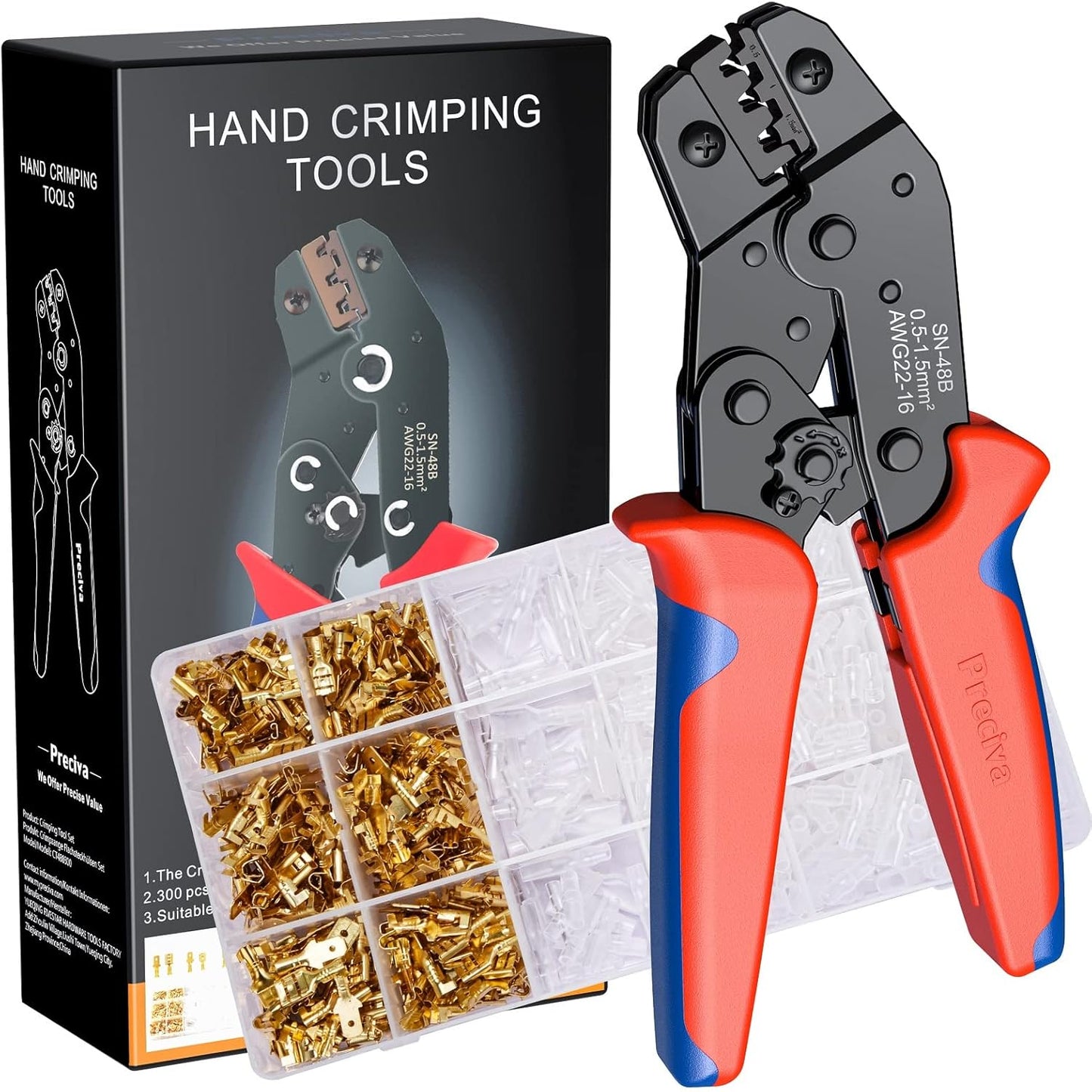 Preciva Ratchet Cable Crimping Tool Kit for Spade Connectors, 0.5-1.5mm²/AWG22-16, Electrical Flat Receptacles Plier With 600pcs Brass Lug Set