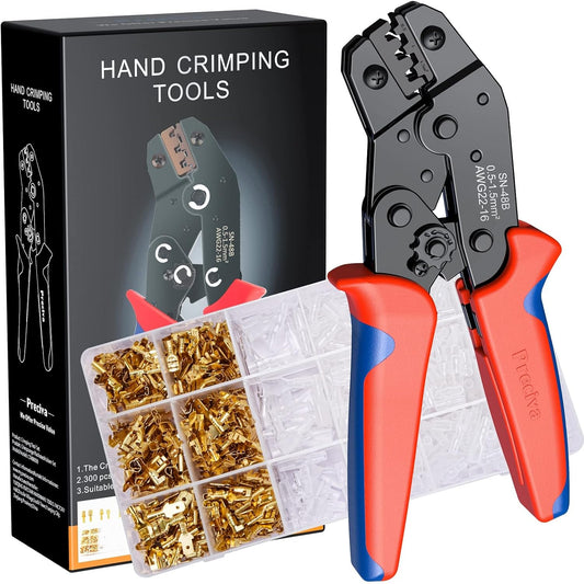 Preciva Ratchet Cable Crimping Tool Kit for Spade Connectors, 0.5-1.5mm²/AWG22-16, Electrical Flat Receptacles Plier With 600pcs Brass Lug Set