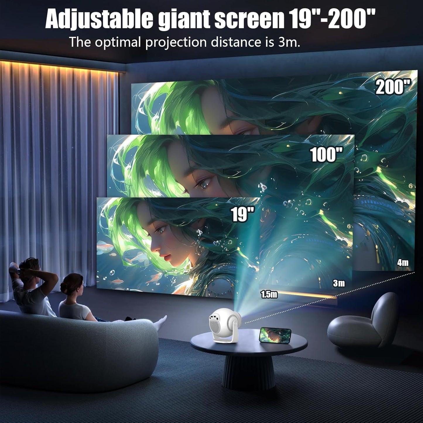 Mini Projector with 4K & 8K 1080 FHD, Portable Projector with Android 14, 5G WiFi 6 and Bluetooth 5.4, 270° Rotation, Smart Projector with HDMI/USB/DC, Automatic Horizontal Keystone Correction