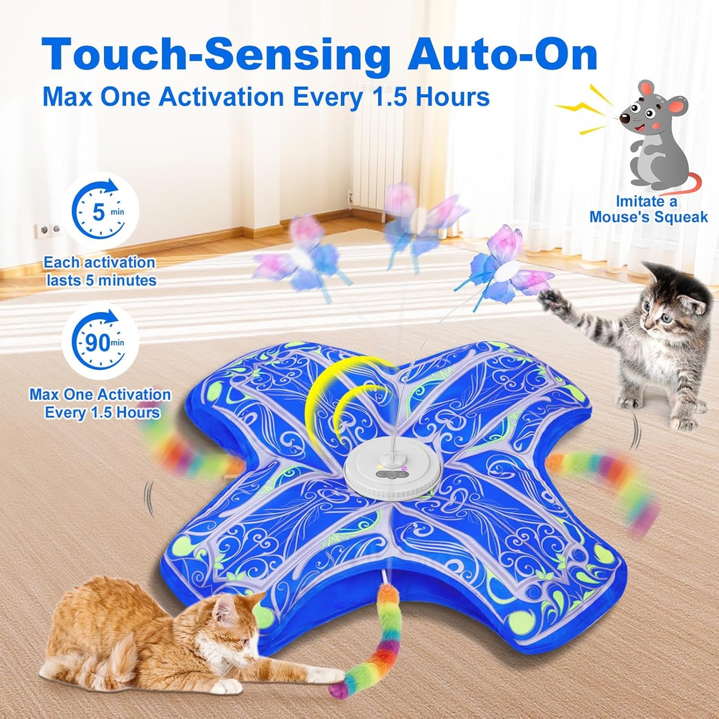 Interactive Cat Toys for Indoor Cats, Rechargeable Touch Activated Hide and Seek Kitten Toy with Fluttering (Blue Cover Cloth Toy)
