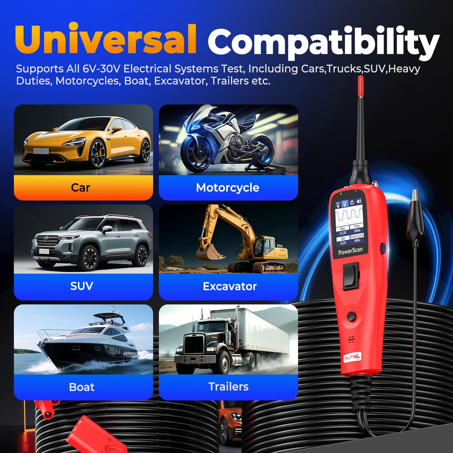 Autel PowerScan PS100 Automotive Circuit Tester, Power Circuit Probe Tool, 12-24V Electrical Short Open Breaker Circuit Finder, Digital Multimeter/Relay & Diode Resistance Tool Kit w/ 20FT Long Cord