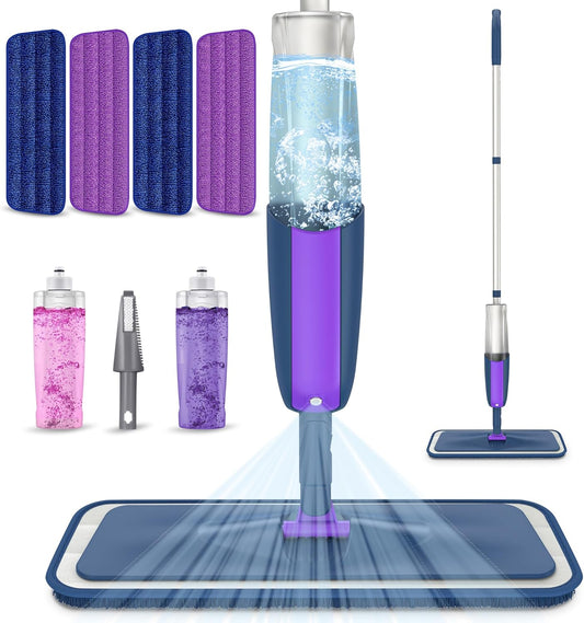 Spray Mops Wet Dry Mops for Floor Cleaning - MEXERRIS Microfiber Hardwood Floor Mop with Spray Dust Flat Mop with 2 Bottle 4 Pads for Cleaning Laminate Wood Vinyl Tiles Hardwood