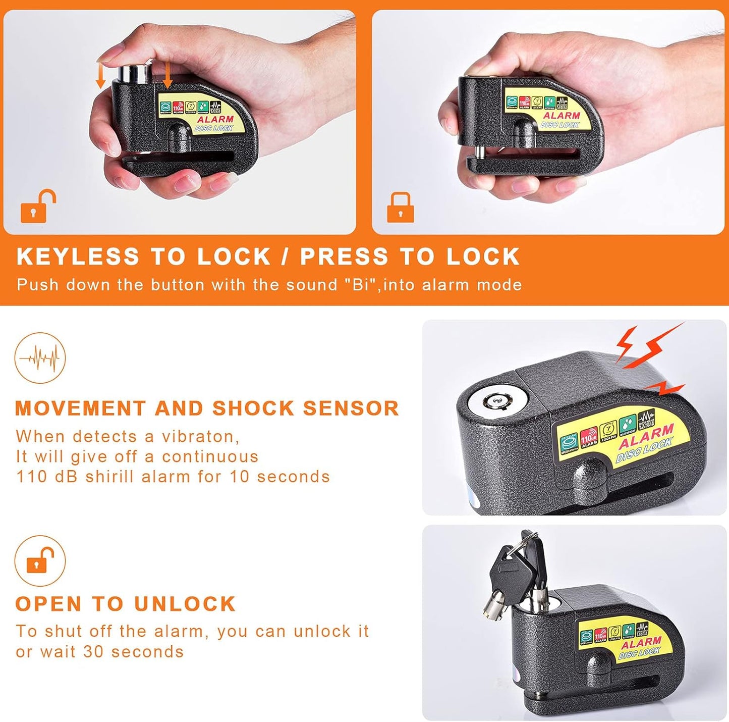 Motorcycle Alarm Disc Brake Lock, Motorcycle Locks Anti-Theft Security Wheel Disc Lock Waterproof 110dB Alarm Sound with 5ft Reminder Cable Keys and Carry Pouch for Motorbike Bike Scooter