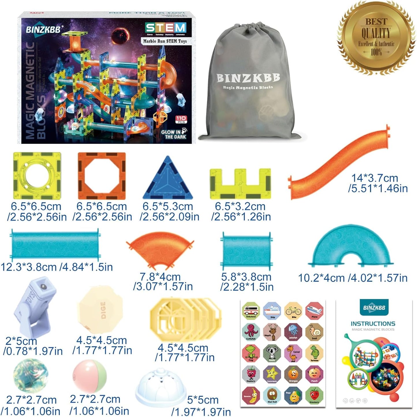 Light Magnetic Tiles Building Blocks for Kids,3D Clear Educational STEM Building Toys,Magnetic Marble Run Blocks Toys for Kids Ages 3 4 5 6 7 8 10+Year Old Boys Girls Creative Gift(110 PCS)