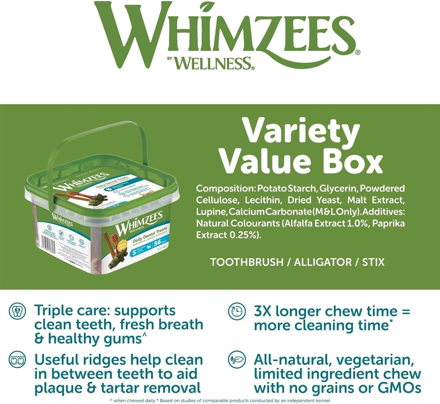 WHIMZEES Variety Value Box Dental Dog Treats, Variety Tub, Large (18-27kg Dogs), Natural Daily Dental Chews (Pack of 14)
