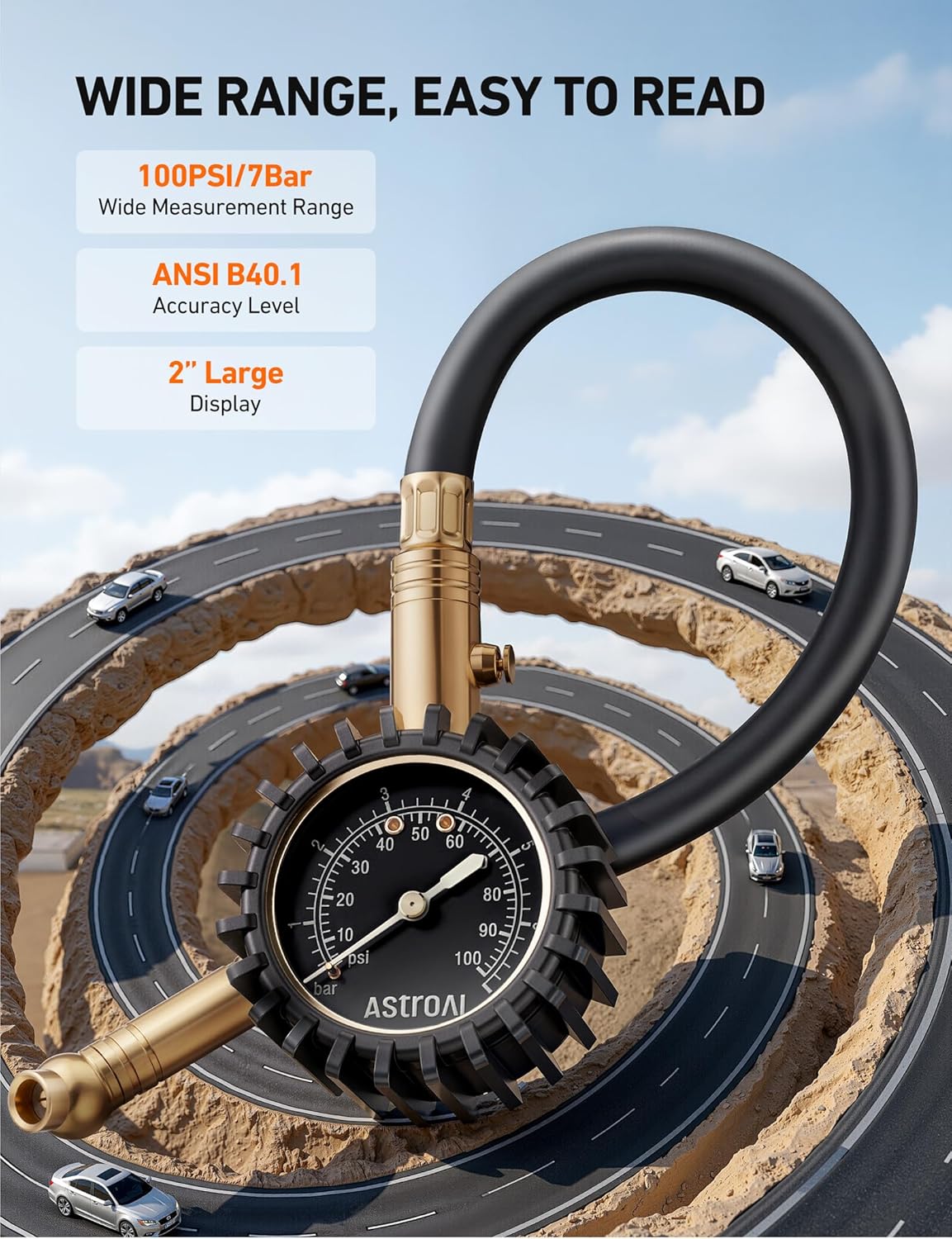 AstroAI Tire Pressure Gauge, 100 PSI Heavy Duty, Certified ANSI B40.1 Accurate with Large 2" Easy to Read Glow Dial, Durable Rubber Hose and Solid Brass Construction for Car Truck Motorcycle Tire