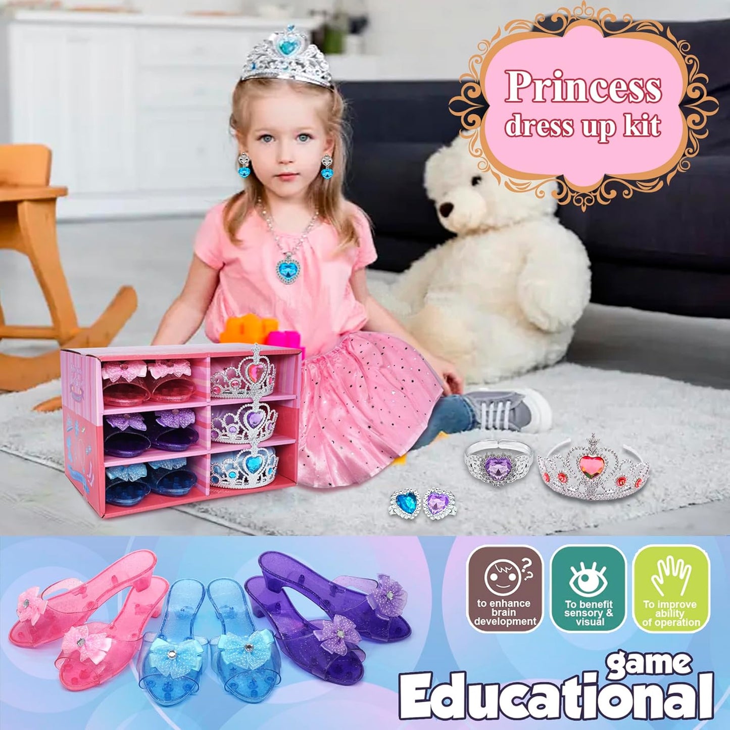 Princess Dress Up Girls Clothes - Toddlers Costume with Skirts, Shoes, Crown & Play Jewelry, Princess Toys for Girls Age 3,4,5,6 Year Old, Kids Shoes Role Play Gift Idea for Birthday Christmas