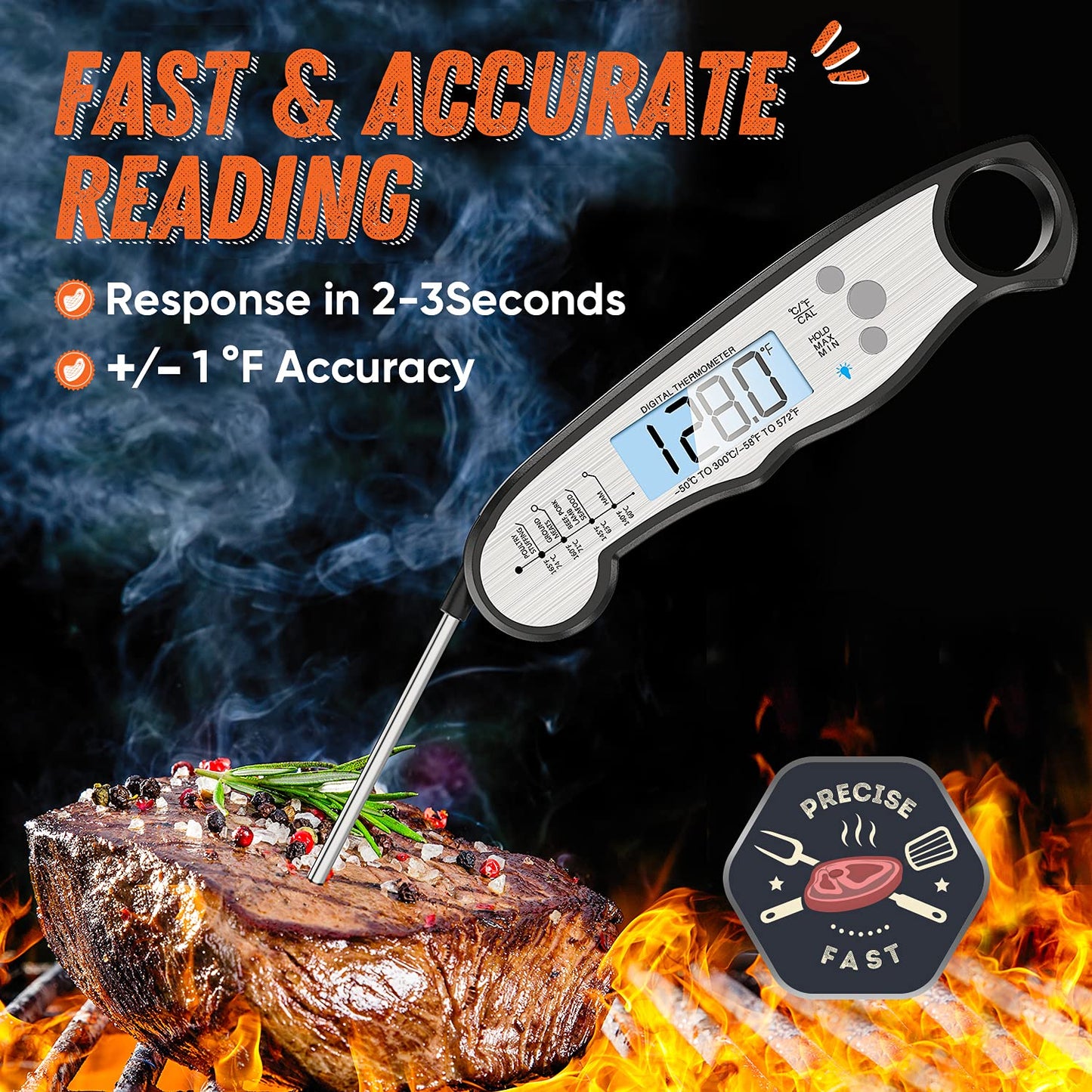 Instant Read Meat Thermometer for Cooking, Fast & Precise Digital Food Thermometer with Backlight, Magnet, Calibration, and Foldable Probe for Deep Fry, BBQ, Grill, and Roast Turkey
