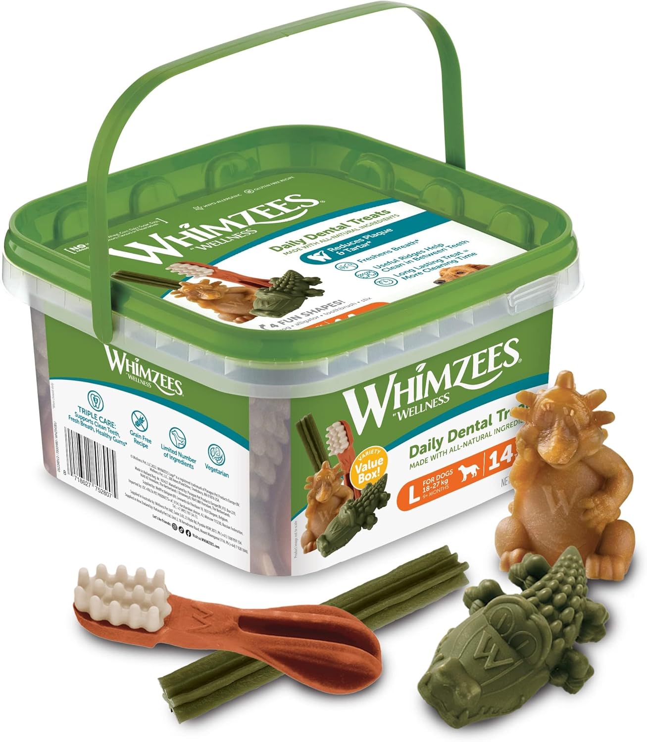 WHIMZEES Variety Value Box Dental Dog Treats, Variety Tub, Large (18-27kg Dogs), Natural Daily Dental Chews (Pack of 14)