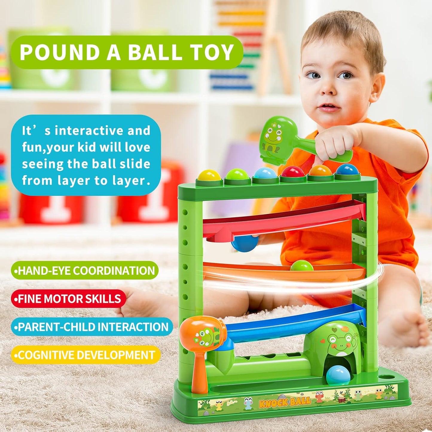 Toddlers Toys for 1 2 3 Years Old Kids, Pound A Ball Toys Included 2 Hammer & 12 Balls, Montessori Toys for 12-18 Months Baby, Interactive Game for Boys and Girls, Early Learning Educational Gift