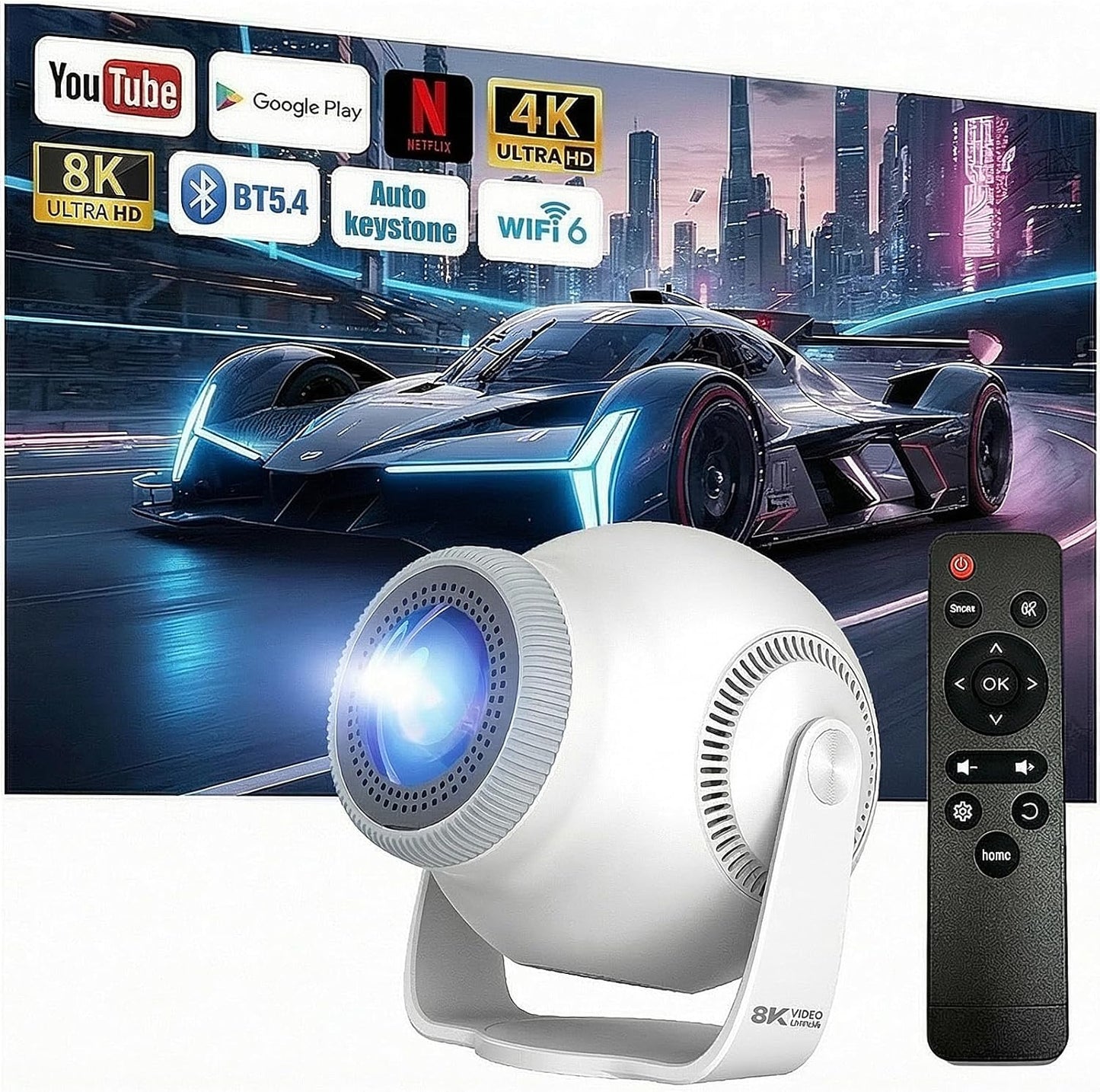 Mini Projector with 4K & 8K 1080 FHD, Portable Projector with Android 14, 5G WiFi 6 and Bluetooth 5.4, 270° Rotation, Smart Projector with HDMI/USB/DC, Automatic Horizontal Keystone Correction