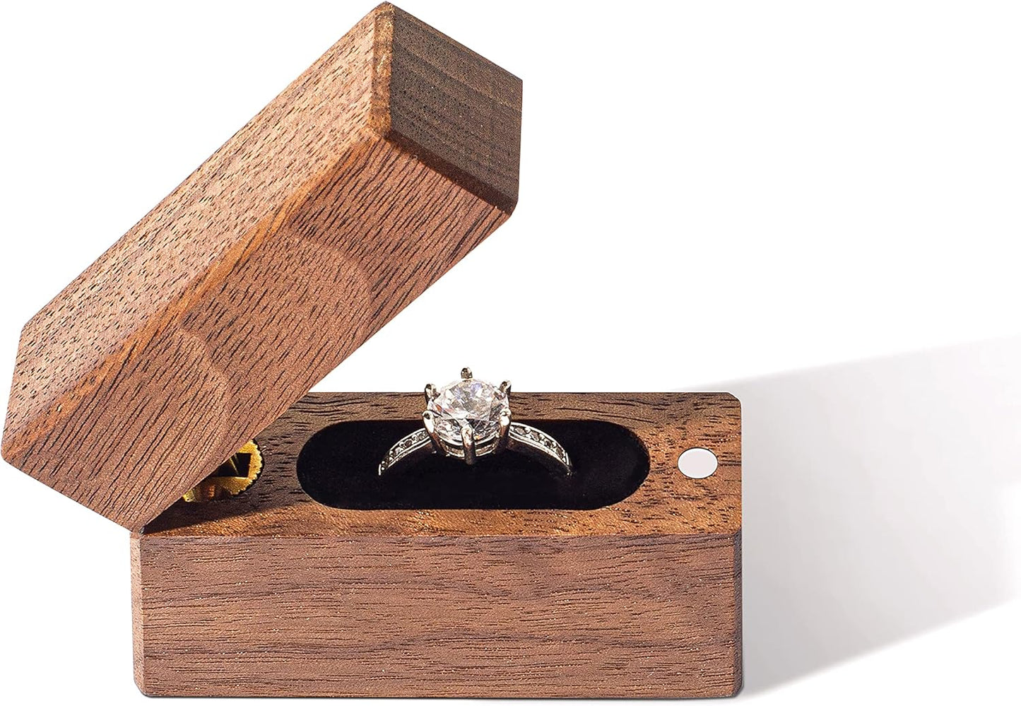 Wooden Engagement Ring Box Small Slim Flat Ring Case for Proposal,Wedding (Walnut Wood)