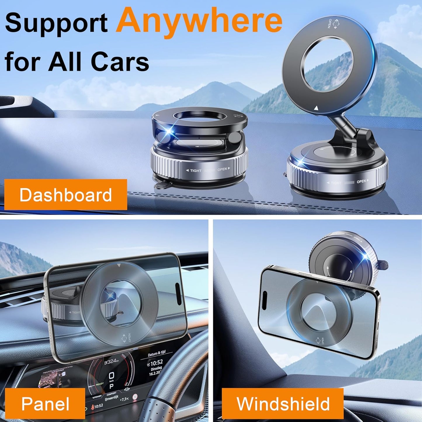 Car Phone Holder for Magsafe - 360° Adjustable Magnetic Suction Cup Phone Mount for iPhone 17 16 15 14 13 12 Series, Dashboard & Windshield