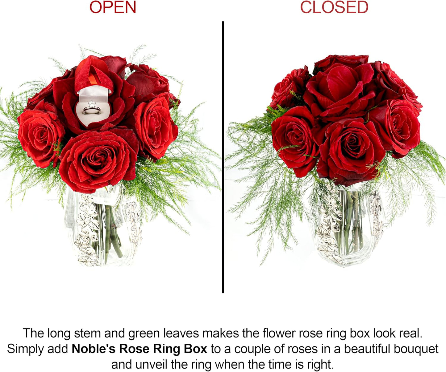 Noble Rose Ring Box - Flower Heart Engagement Ring Box for Proposal Ring, Ceremony, Wedding or Special Occasions (Red)