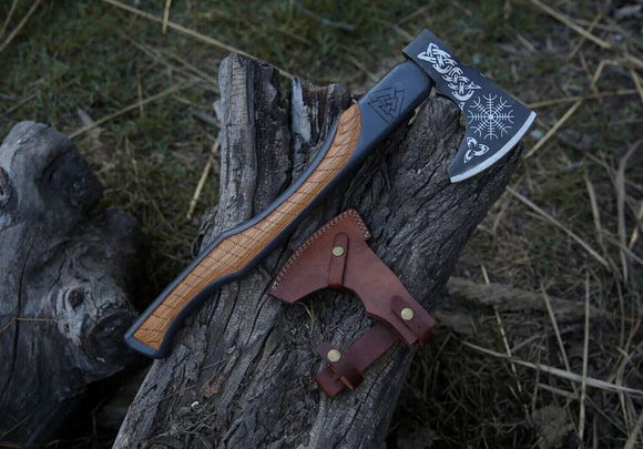 Handmade Carbon Steel Viking Axe With Leather Sheath For Hunting & Camping