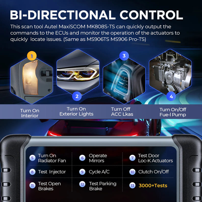 Autel MaxiCOM MK808S-TS OBD2 scanner with bidirectional testing, 28 services, 150 brands, TPMS programming
