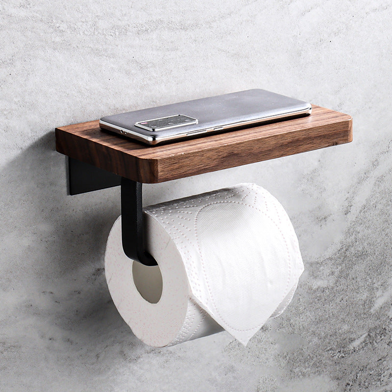 Creative Solid Wood Tissue Holder Punch-free Toilet Tissue Box Toilet Mobile Phone Storage Rack Black Walnut Roll Paper Holder
