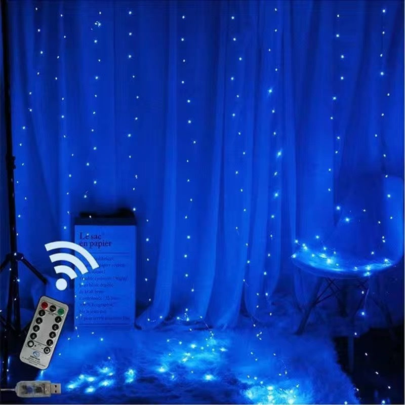 3*3m LED Copper Wire Curtain Light Christmas Holiday Decoration USB Eight-Function Remote Control Colored Light String