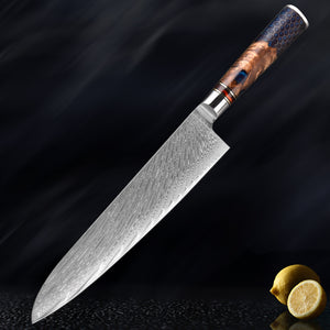 Damascus Steel Chef Knife Suit Blue Resin Honeycomb Round Handle Kitchen Knife Vegetable Cutter Cutter Household Cutter