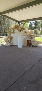 Balloon Garland Setup With Three Arches and Flowers Bouquet
