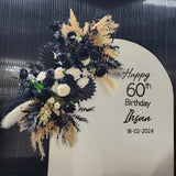 Black Elegant Arch Birthday Setup with Flower Bouquet