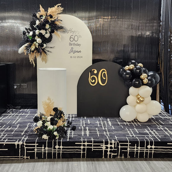 Black Elegant Arch Birthday Setup with Flower Bouquet