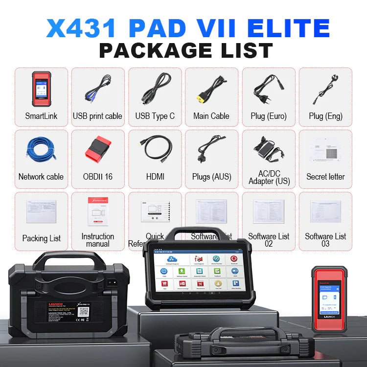 LAUNCH X431 PAD VII Elite + VSP600 + BST360 eller i-TPMS + AB4000 battery Jumpstarter Gratis J2534 Reprogramming Tool, Intelligent Topology Map