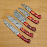 5pcs Handmade Damascus Chef set With Leather Damascus Knives Set..