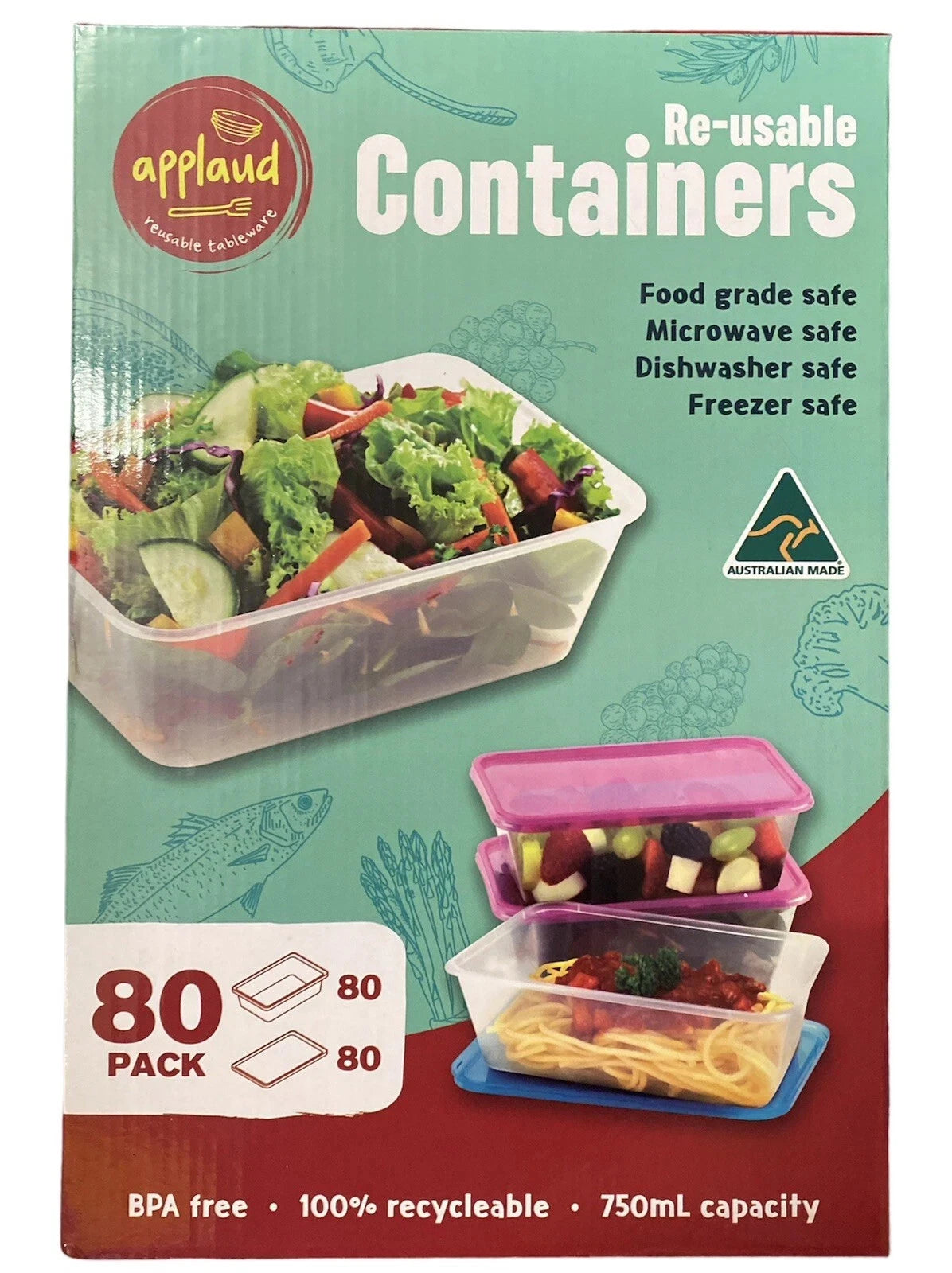 Applaud Reusable Food Containers Tableware 80 Pack Storage 750ml Aus Made