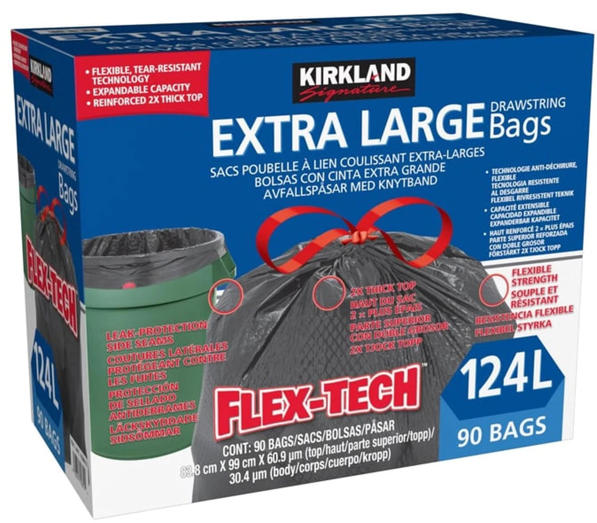 Kirkland Signature 124L Drawstring Trash Bags (124 L x 90 pk)